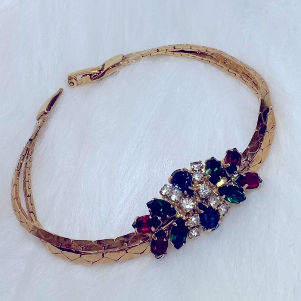 Elegant vintage Gold tone Bracelet with Multicolor Rhinestones